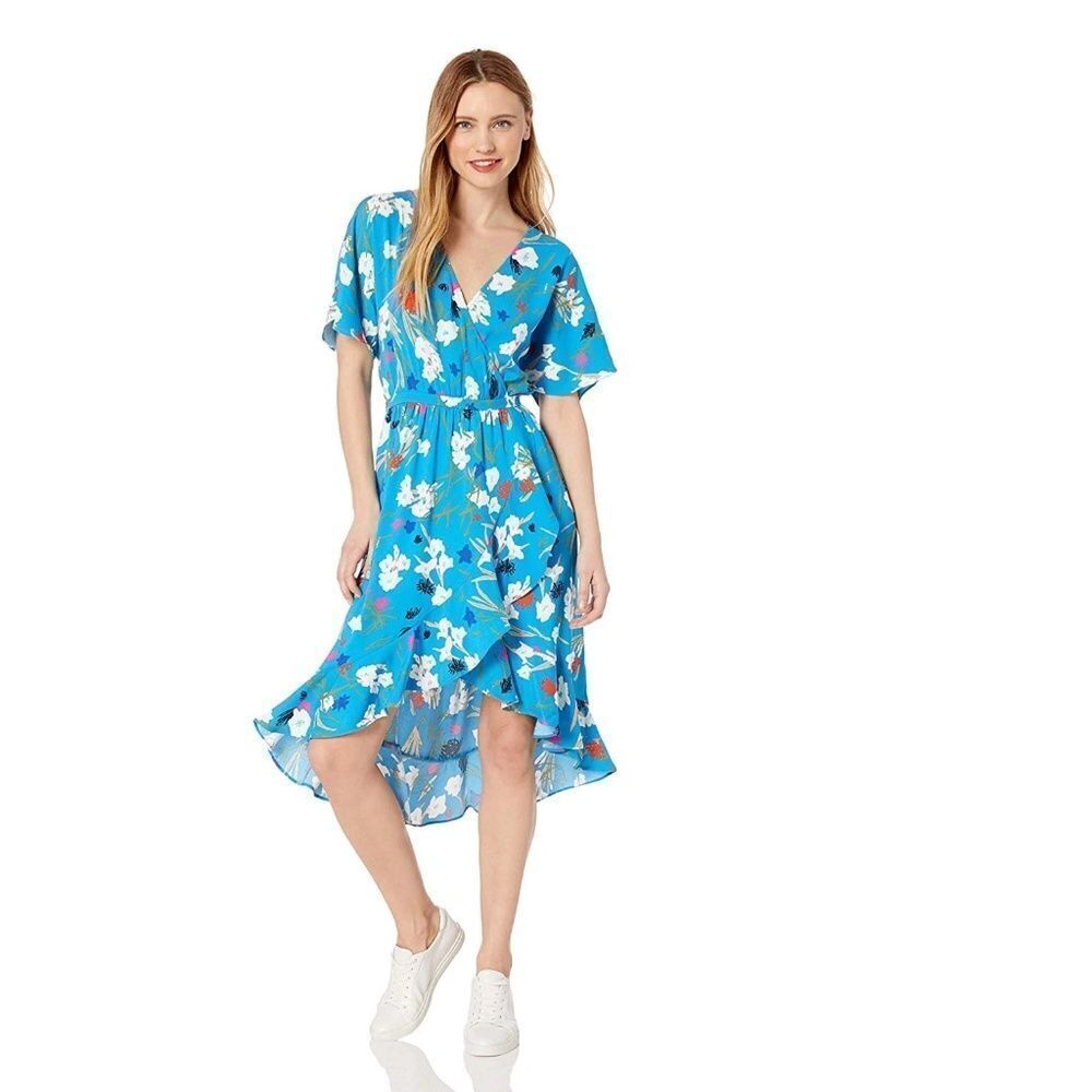 J Crew High-Low Faux Wrap Dress Size M floral print Blue White